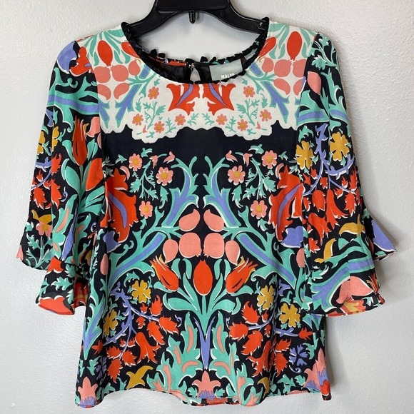Maeve Tops - Maeve Silk Top Womens 0 Black Floral Bell Sleeve Ruffle Folkart Print Blouse